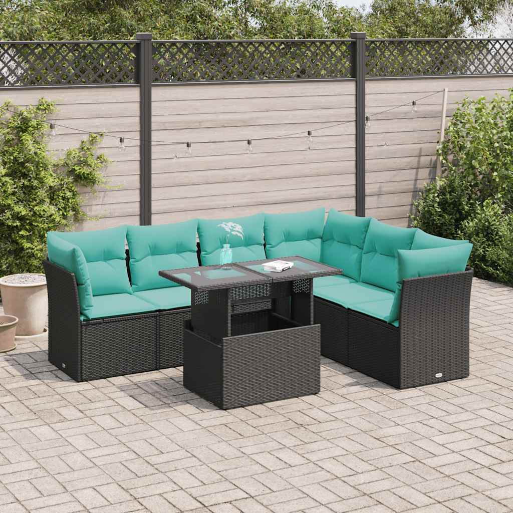 Salon de jardin avec coussins 7pcs noir résine tressée acacia