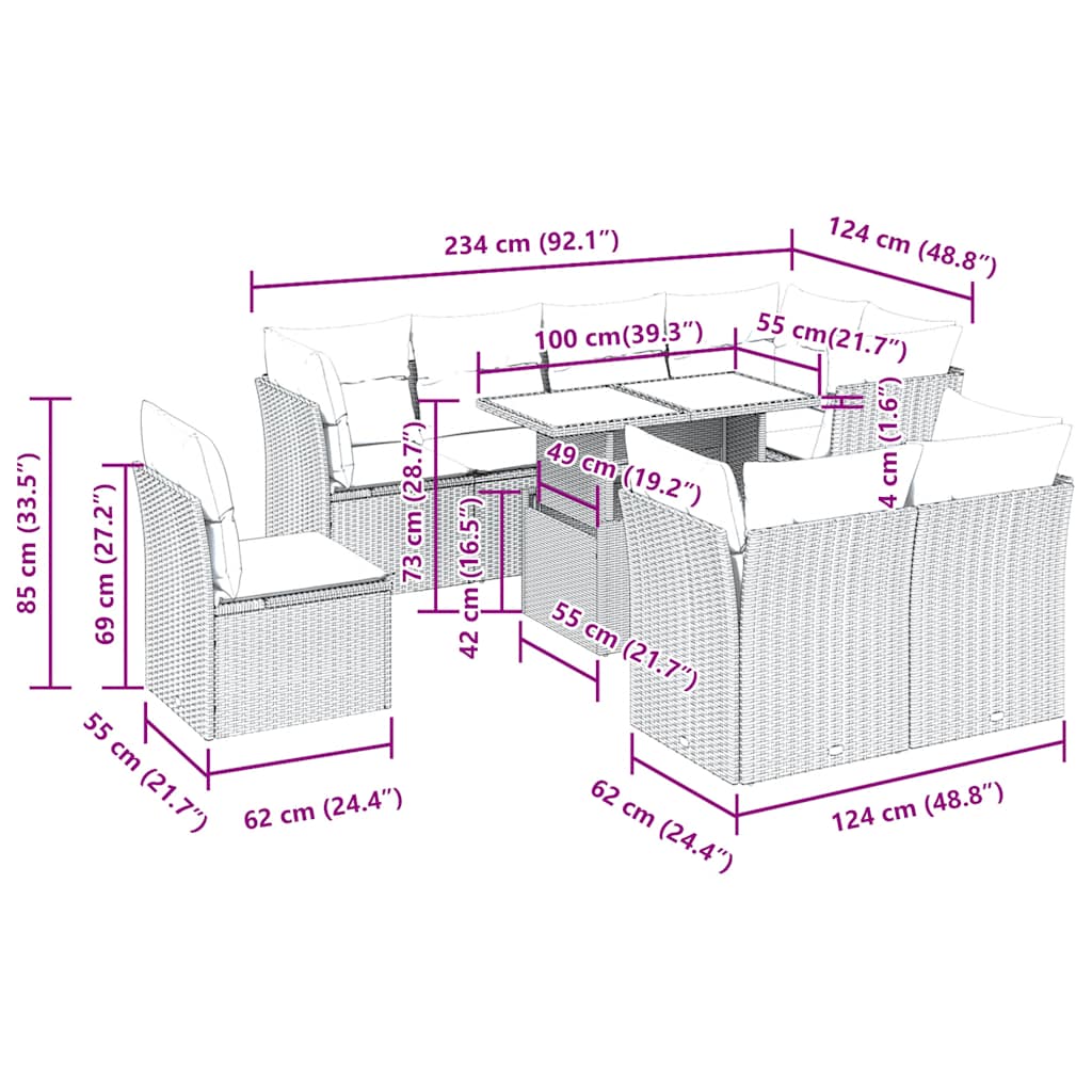 Salon de jardin avec coussins 9 pcs gris résine tressée acacia