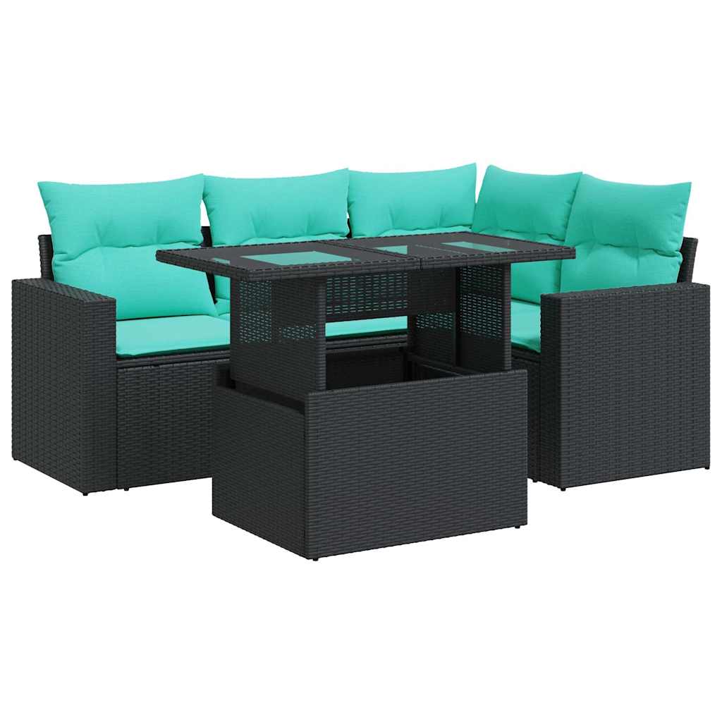 Salon de jardin 5 pcs avec coussins noir résine tressée acacia