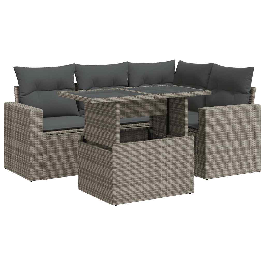 Salon de jardin 5 pcs avec coussins gris résine tressée