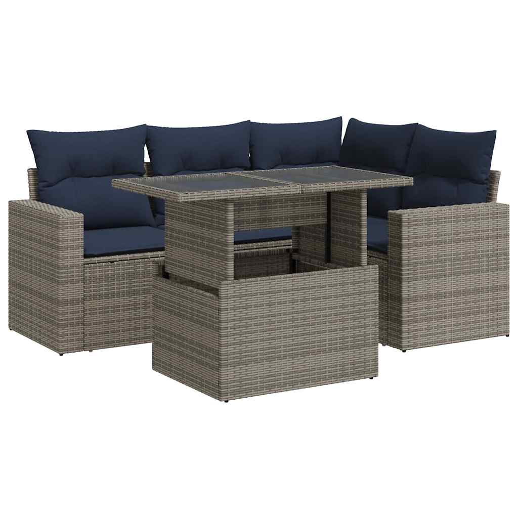 Salon de jardin 5 pcs avec coussins gris résine tressée acacia