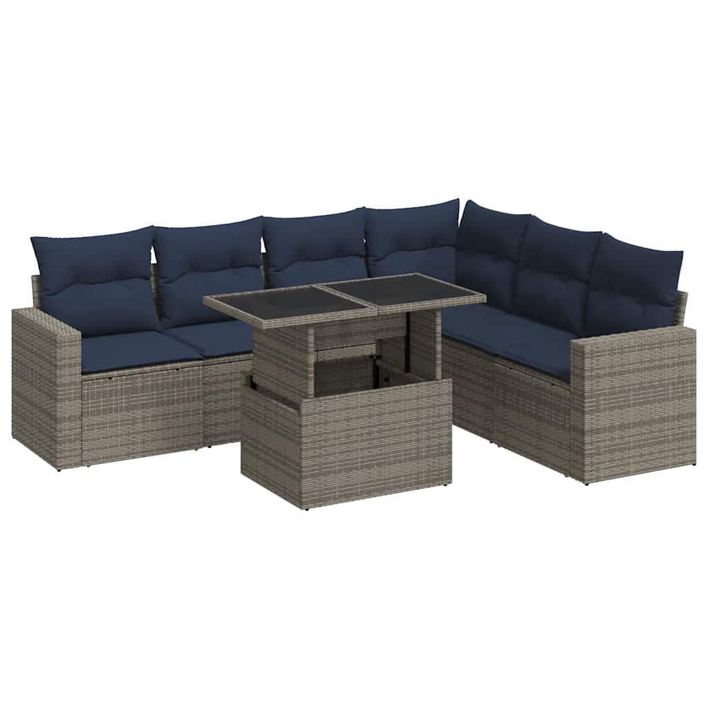Salon de jardin avec coussins 7 pcs noir résine tressée acacia