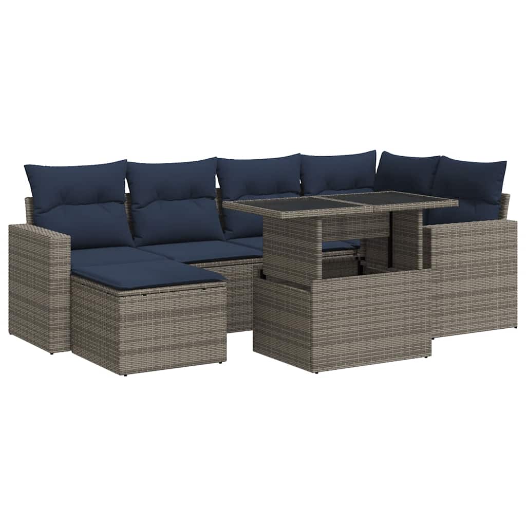 Salon de jardin avec coussins 7 pcs gris résine tressée acacia
