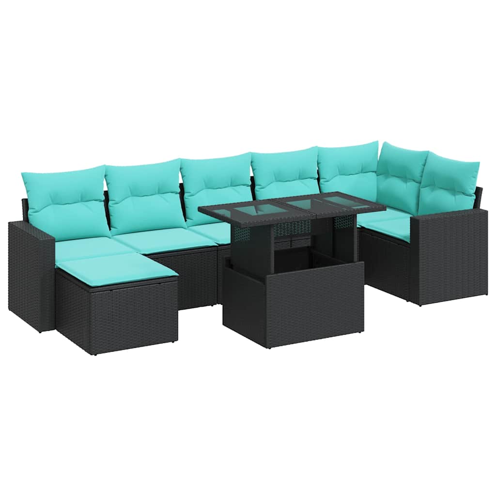 Salon de jardin avec coussins 8 pcs noir résine tressée acacia