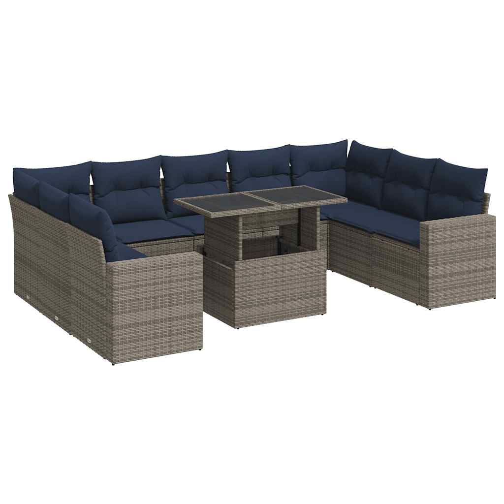 Salon de jardin avec coussins 10 pcs gris résine tressée acacia