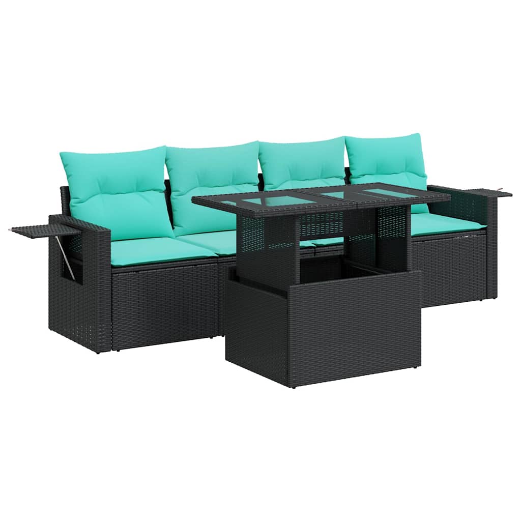 Salon de jardin avec coussins 5pcs noir résine tressée acacia