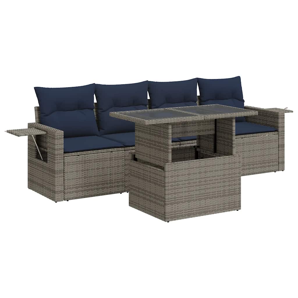Salon de jardin 5 pcs avec coussins gris résine tressée