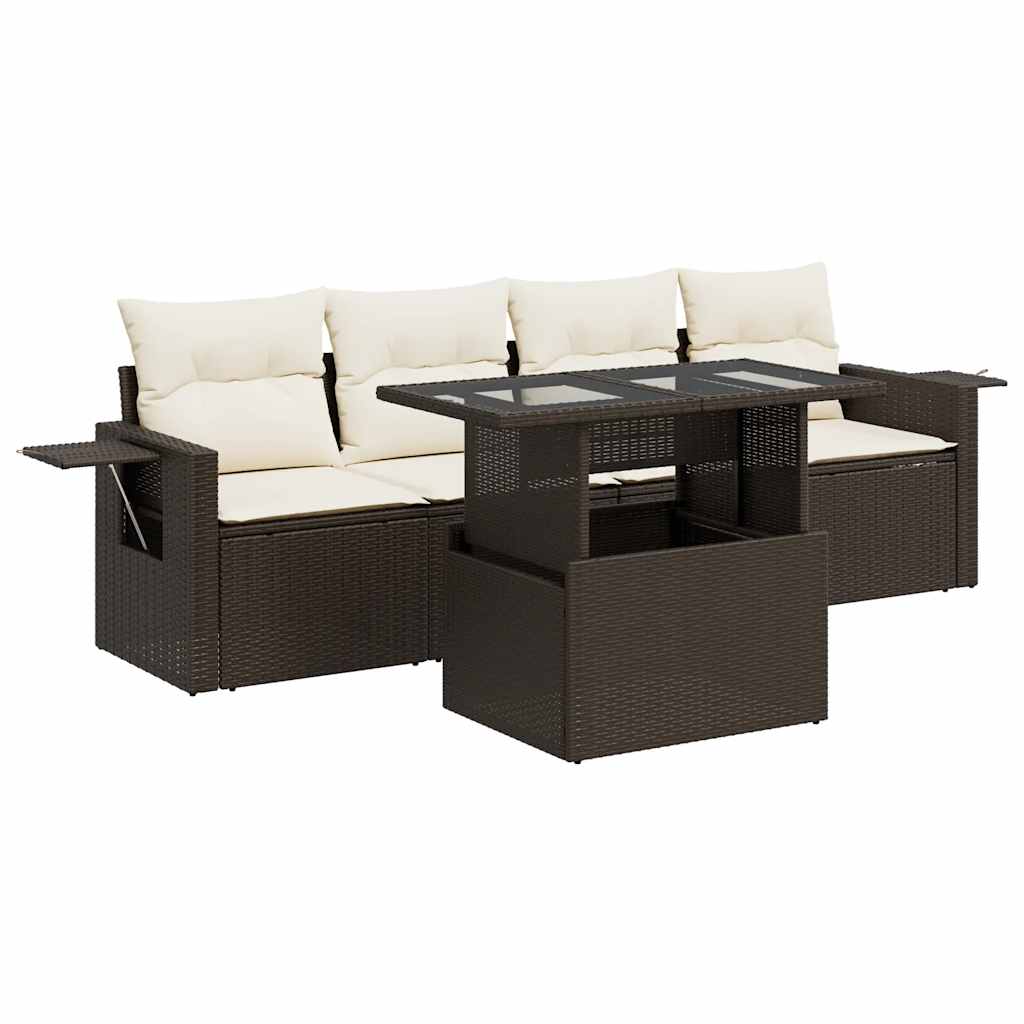 Salon de jardin avec coussins 5 pcs marron résine tressée