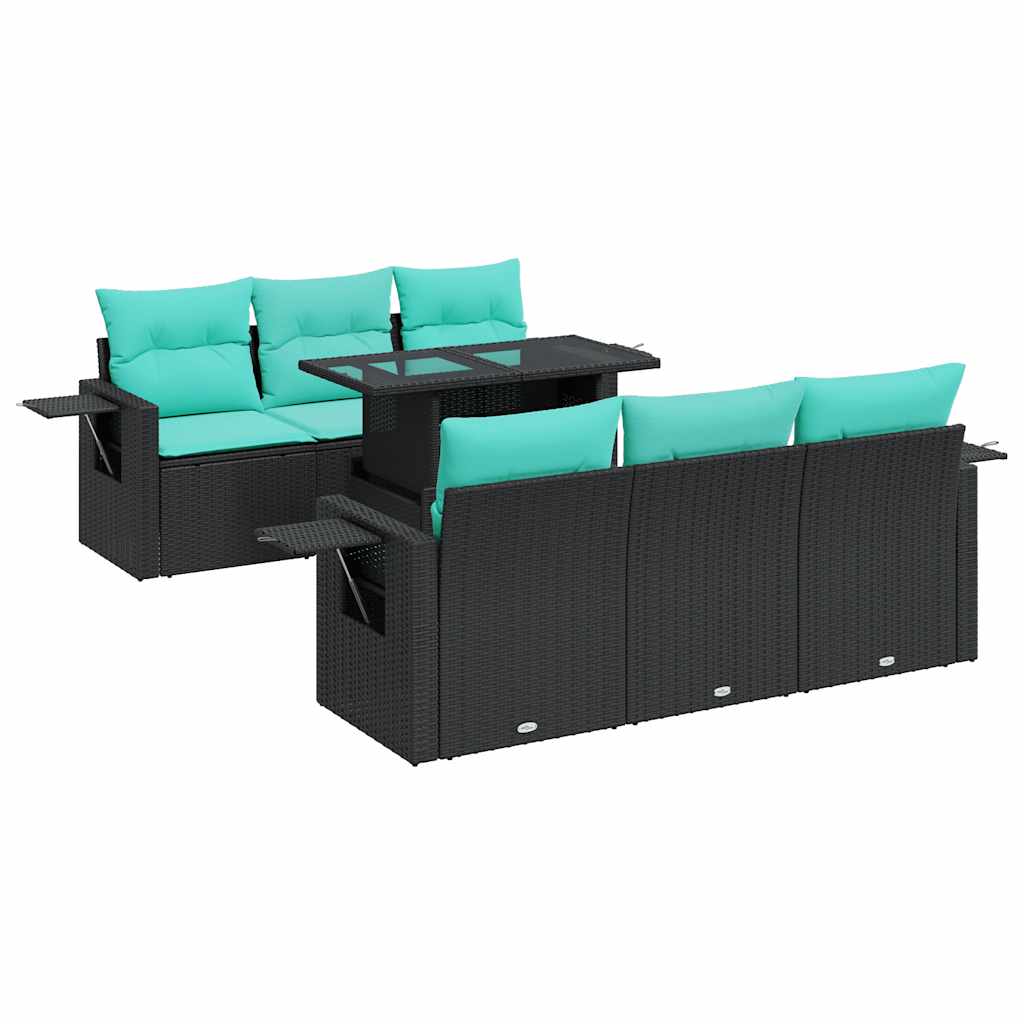 Salon de jardin avec coussins 7pcs noir résine tressée acacia