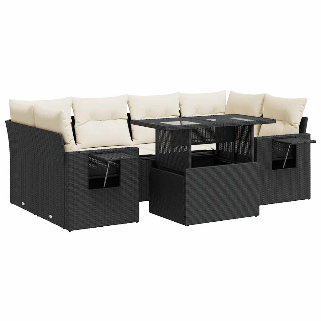 Salon de jardin 7 pcs avec coussins noir résine tressée