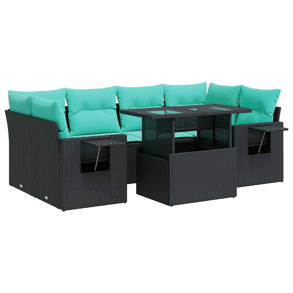 Salon de jardin avec coussins 7pcs noir résine tressée acacia