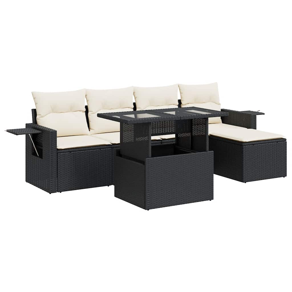 Salon de jardin 6 pcs avec coussins noir résine tressée