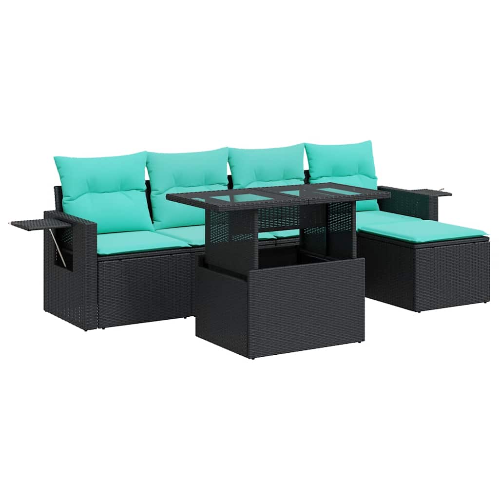 Salon de jardin avec coussins 6pcs noir résine tressée acacia