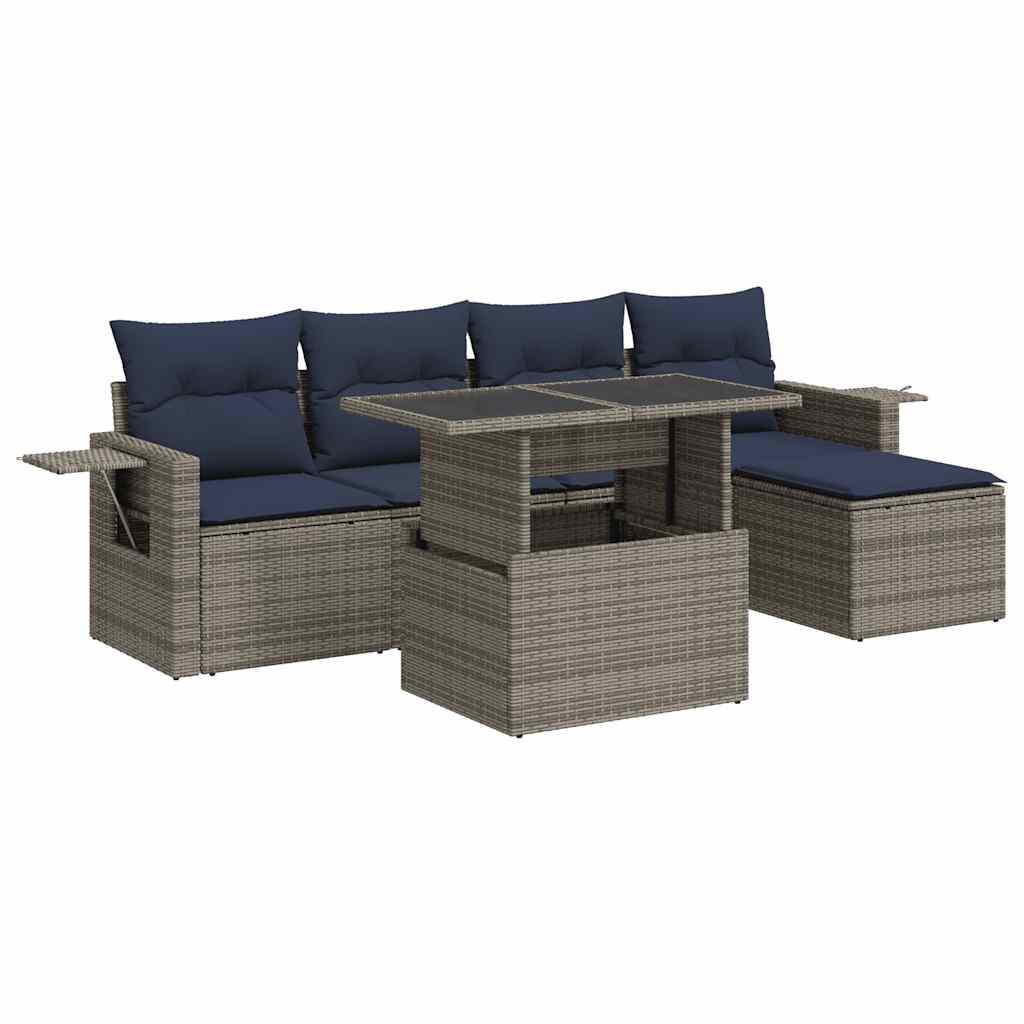 Salon de jardin 6 pcs avec coussins gris résine tressée acacia