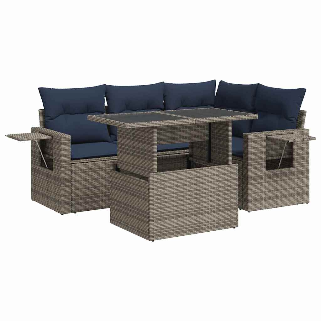 Salon de jardin 5 pcs avec coussins gris résine tressée acacia