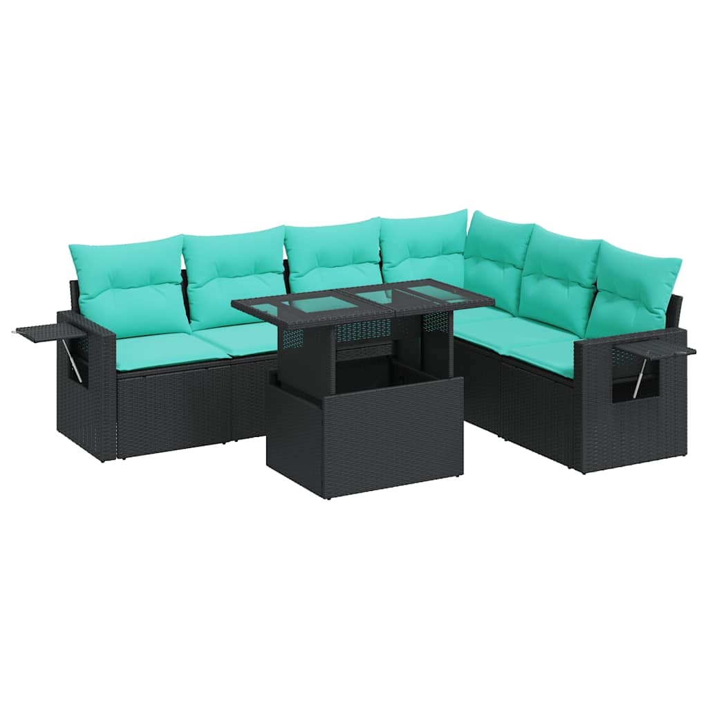 Salon de jardin avec coussins 7pcs noir résine tressée acacia