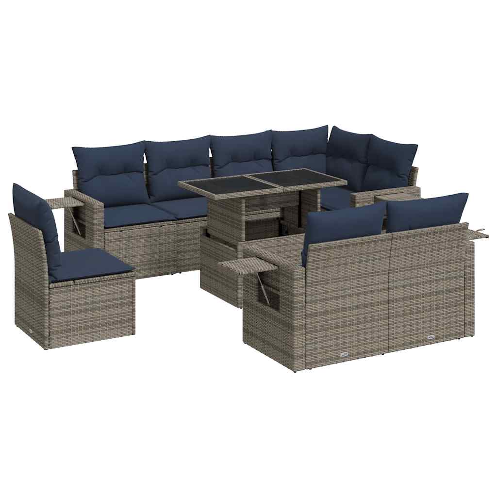 Salon de jardin avec coussins 9pcs gris résine tressée