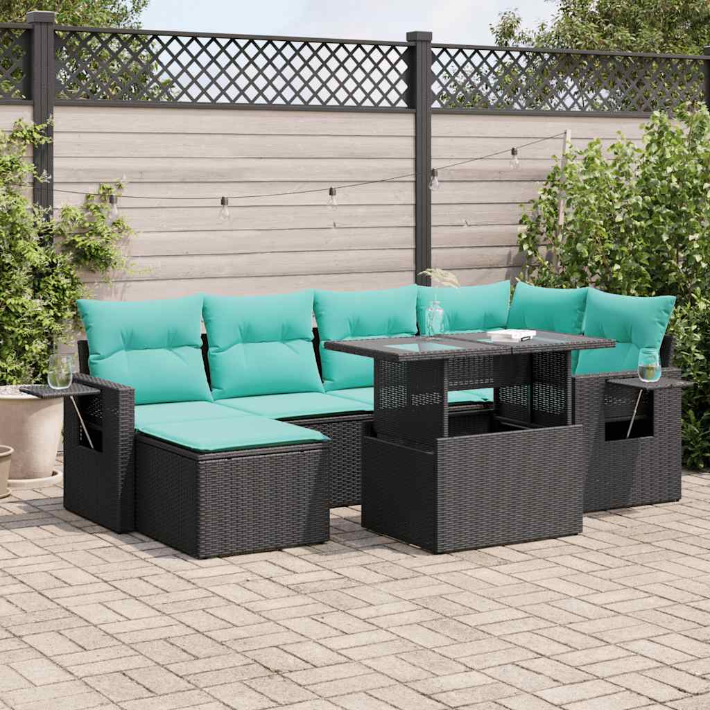 Salon de jardin avec coussins 7 pcs noir résine tressée acacia