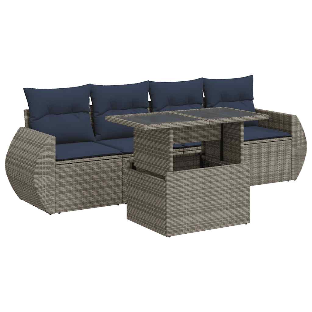 Salon de jardin 5 pcs avec coussins gris résine tressée acacia