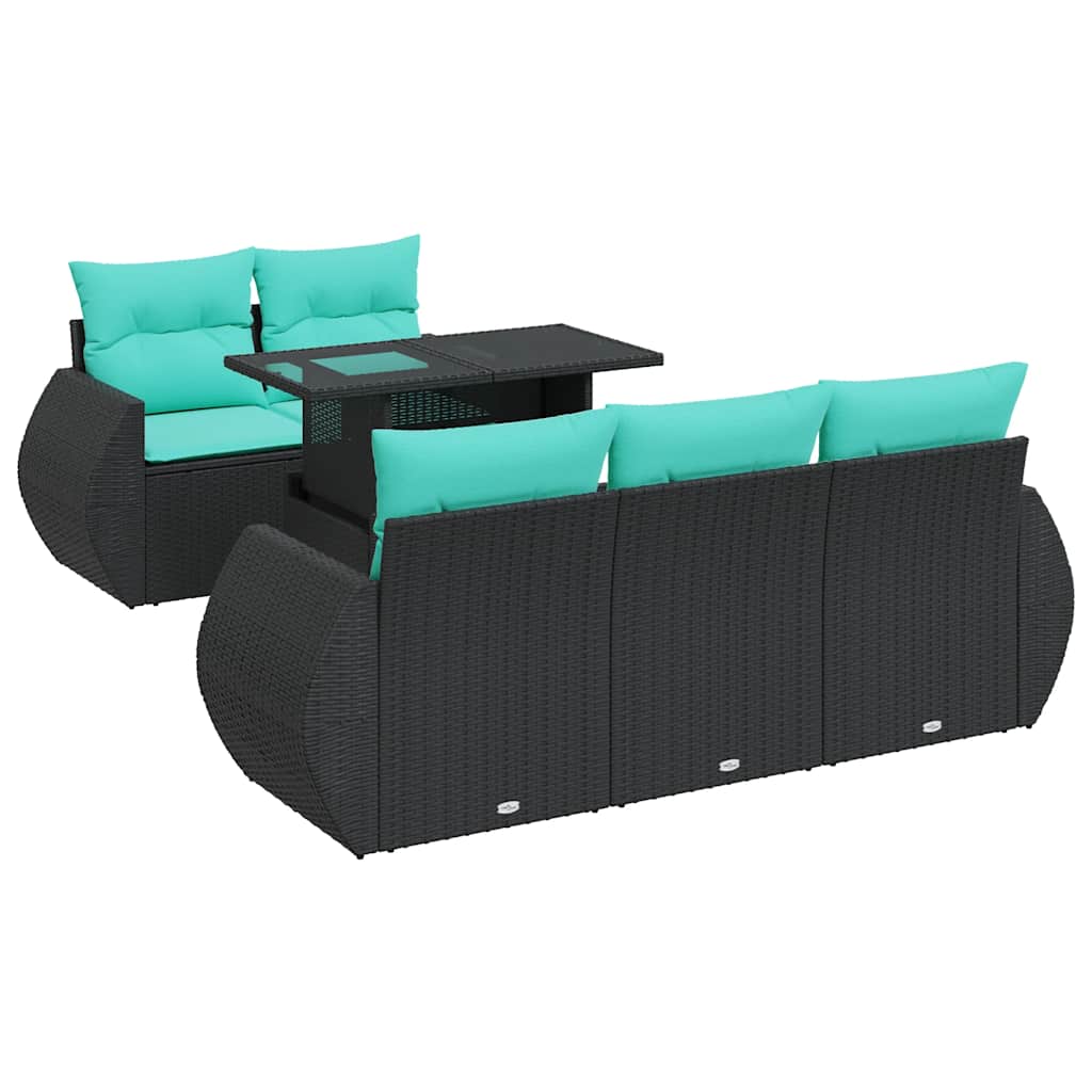 Salon de jardin 6 pcs avec coussins noir résine tressée acacia