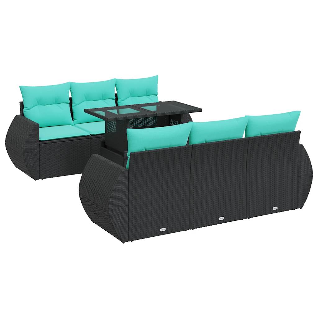 Salon de jardin avec coussins 7 pcs noir résine tressée acacia