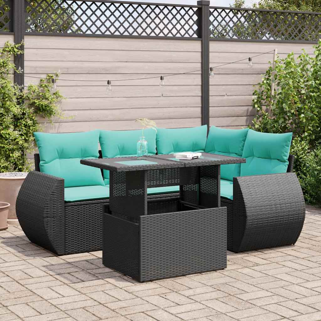 Salon de jardin 5 pcs avec coussins noir résine tressée acacia