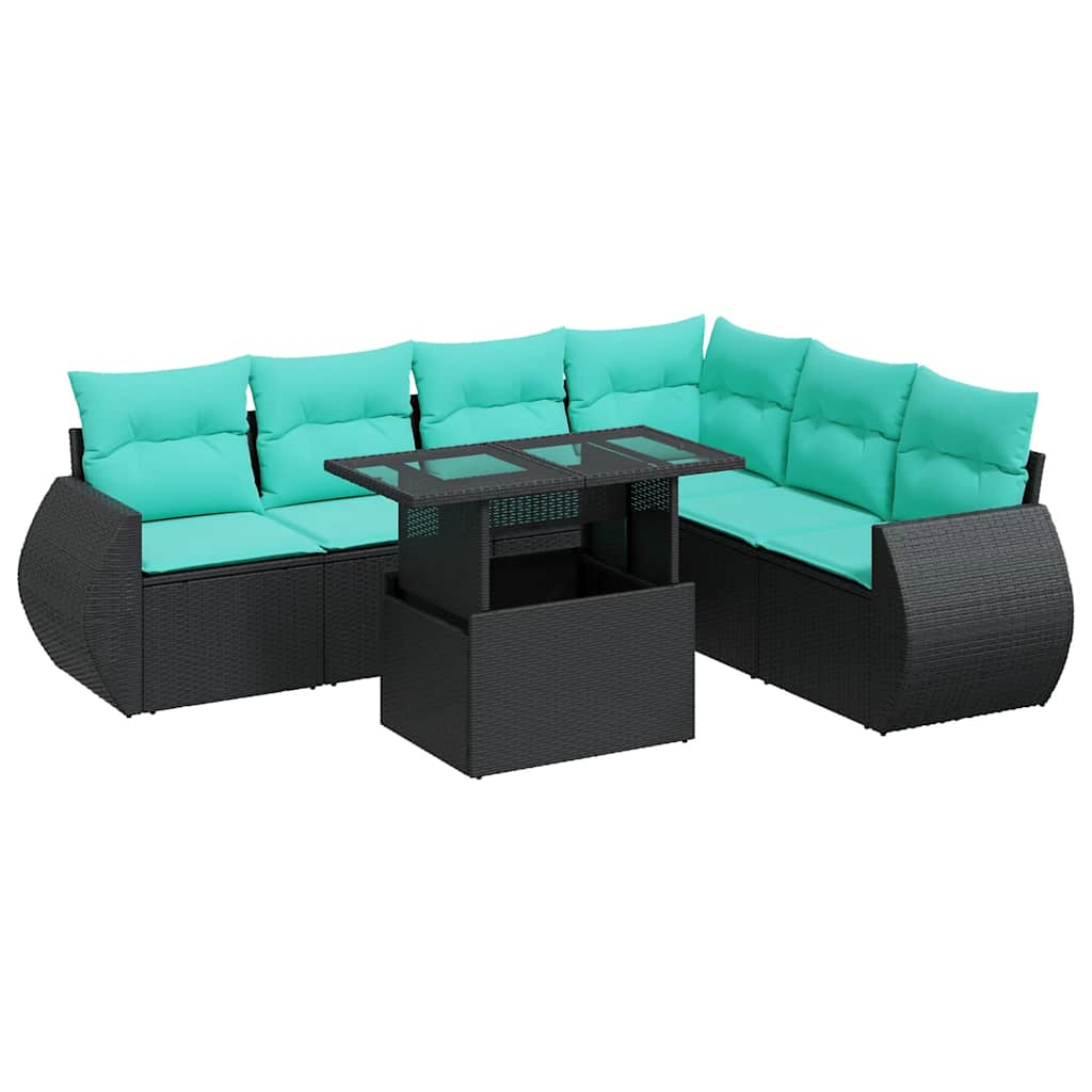 Salon de jardin avec coussins 7 pcs noir résine tressée acacia
