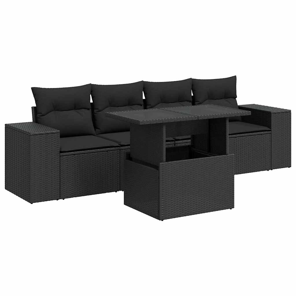 Salon de jardin 5 pcs avec coussins noir résine tressée