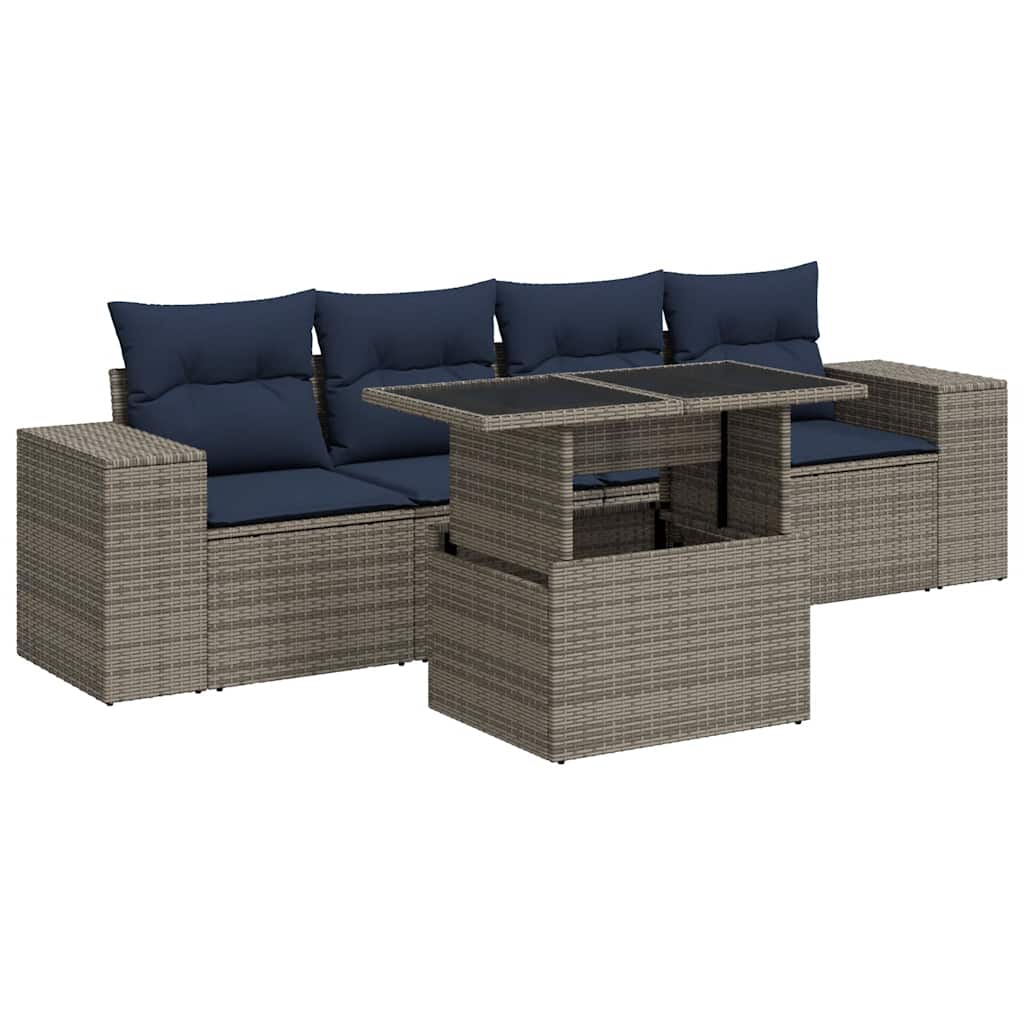 Salon de jardin 5 pcs avec coussins gris résine tressée acacia