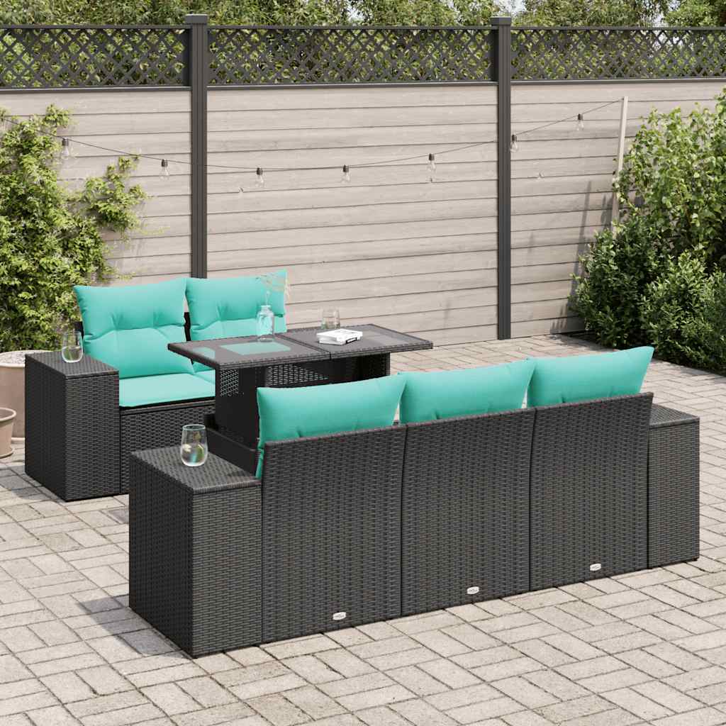 Salon de jardin 6 pcs avec coussins noir résine tressée acacia