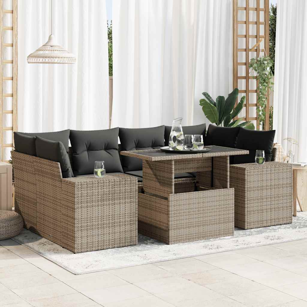 Salon de jardin avec coussins 7 pcs gris résine tressée