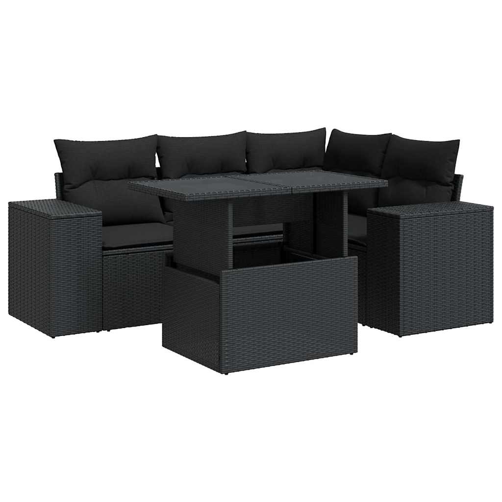 Salon de jardin 5 pcs avec coussins noir résine tressée