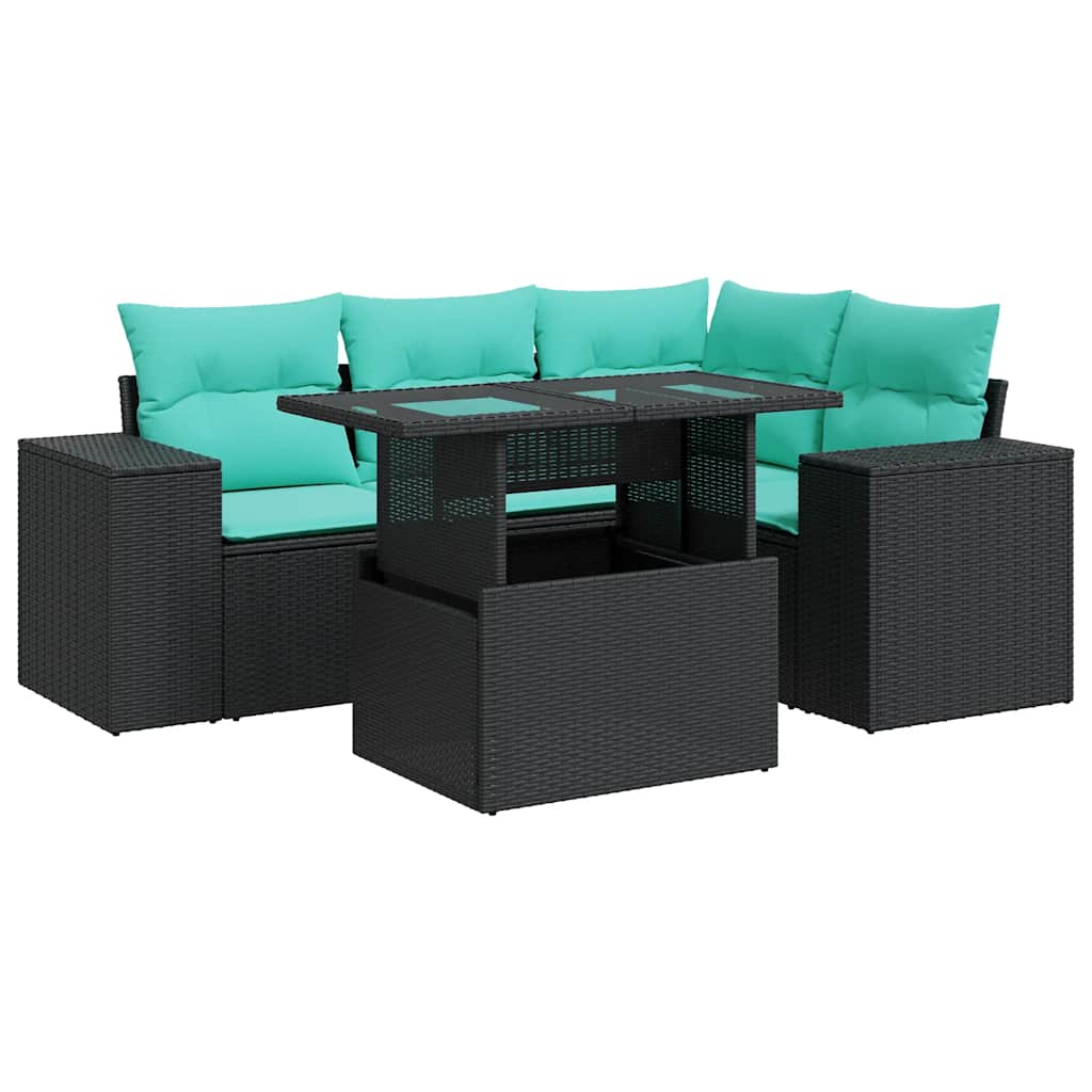 Salon de jardin 5 pcs avec coussins noir résine tressée acacia