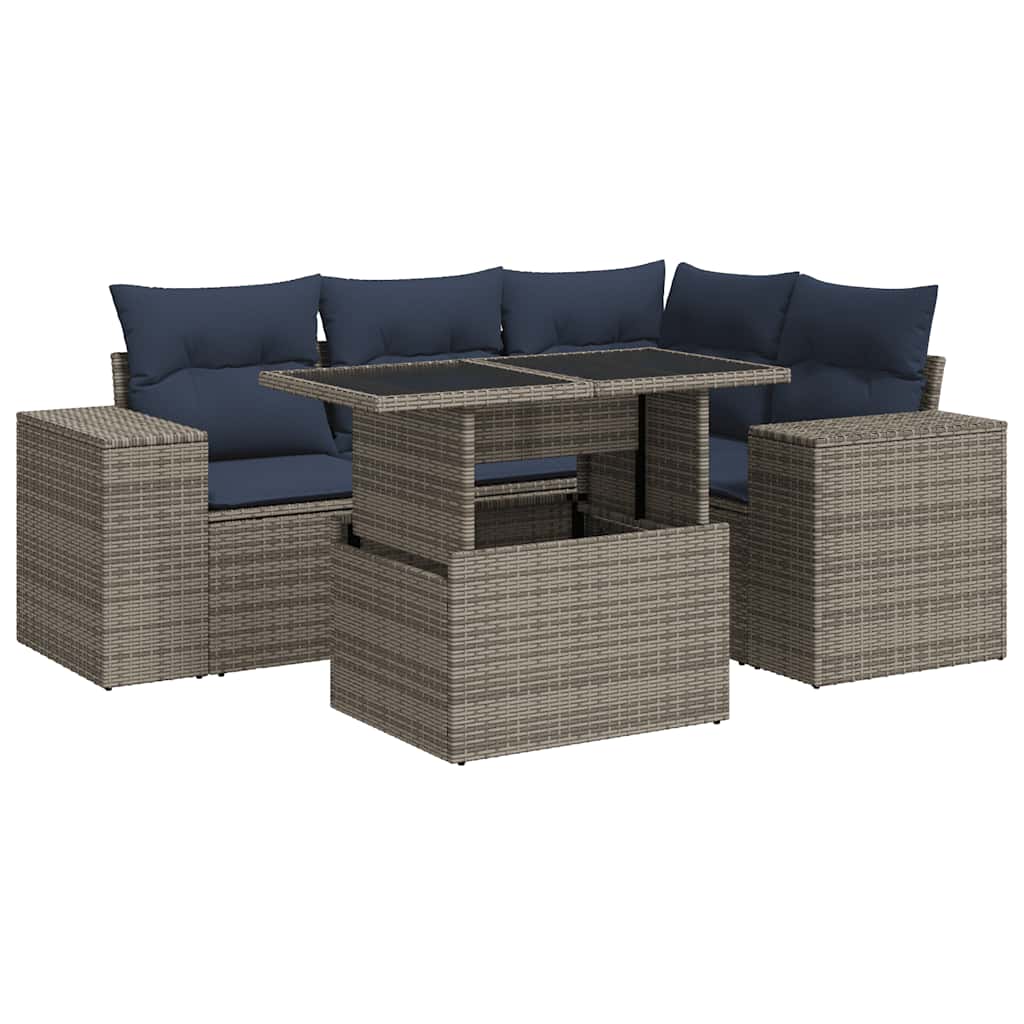Salon de jardin avec coussins 5 pcs gris résine tressée