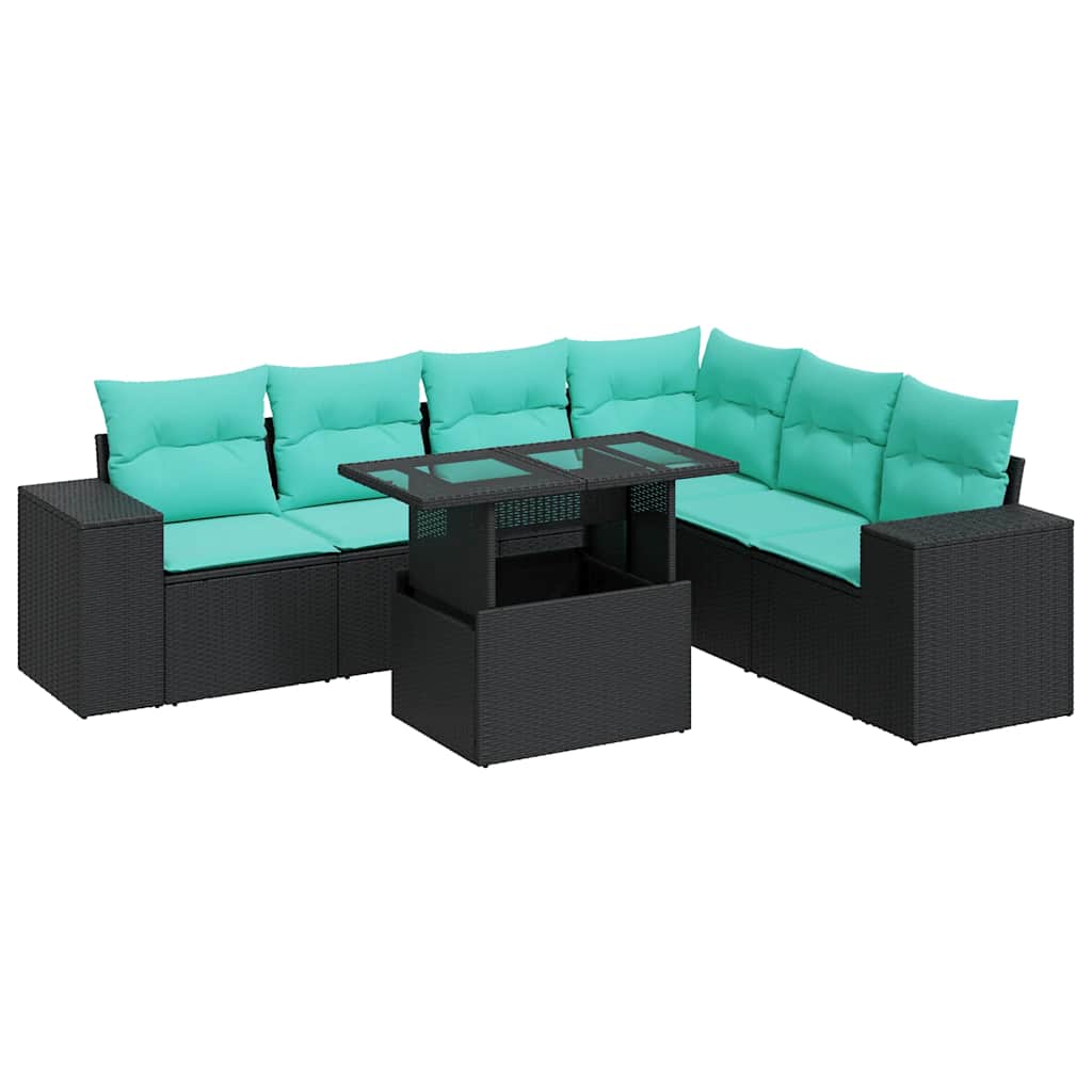 Salon de jardin 7 pcs avec coussins noir résine tressée acacia