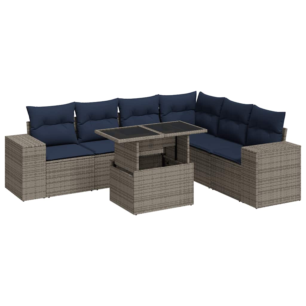 Salon de jardin avec coussins 7 pcs gris résine tressée acacia