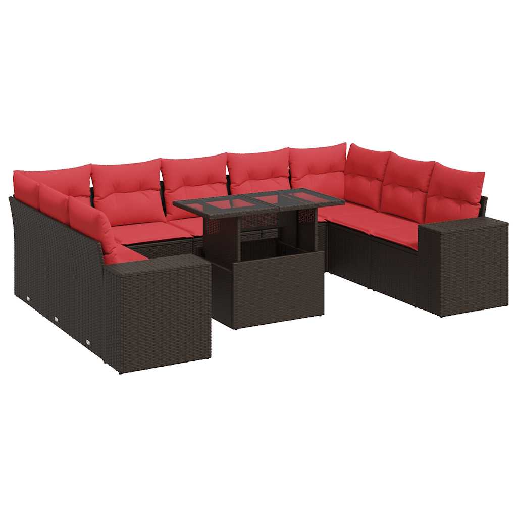 Salon de jardin 10 pcs et coussins marron résine tressée acacia