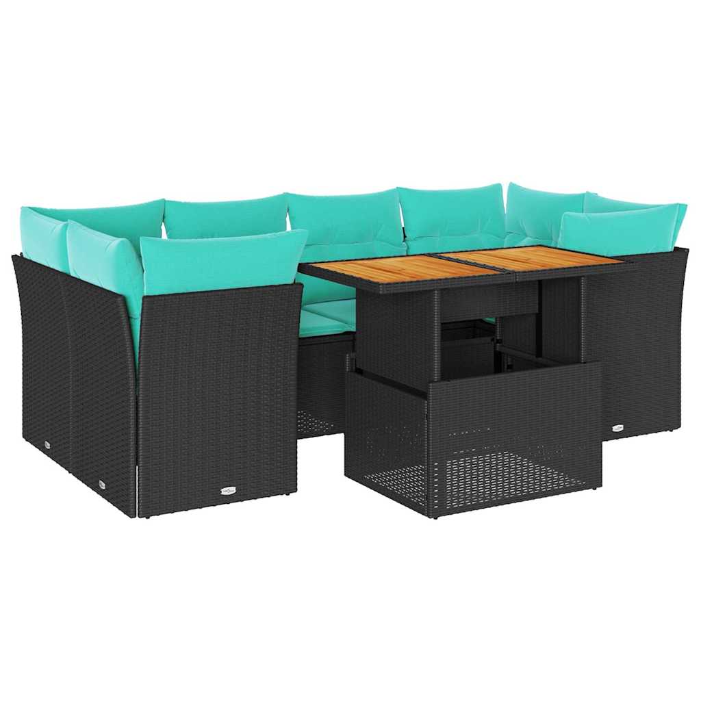 Salon de jardin 7 pcs avec coussins noir résine tressée