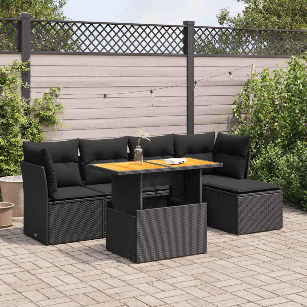 Salon de jardin 6 pcs avec coussins noir résine tressée