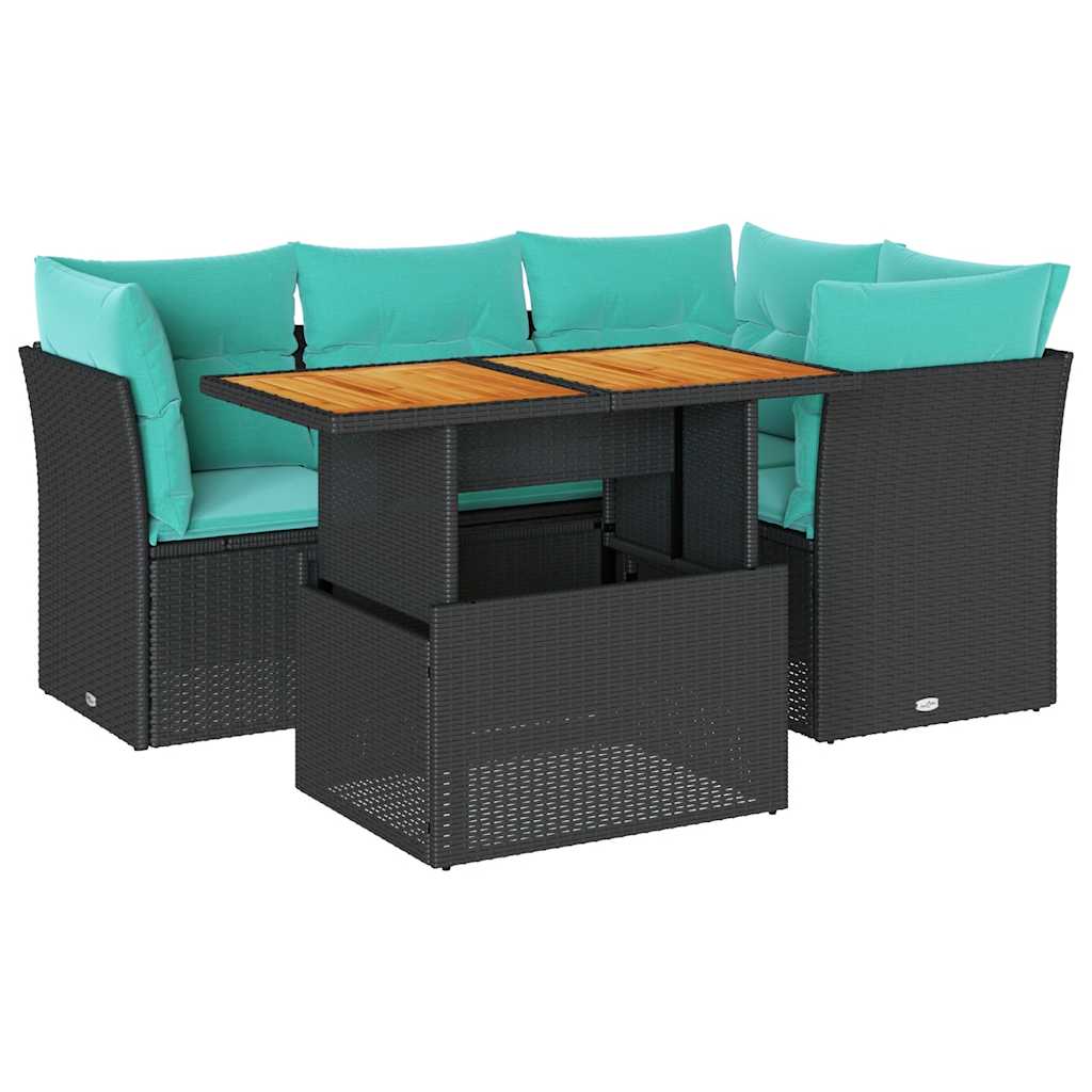 Salon de jardin 5 pcs avec coussins noir résine tressée