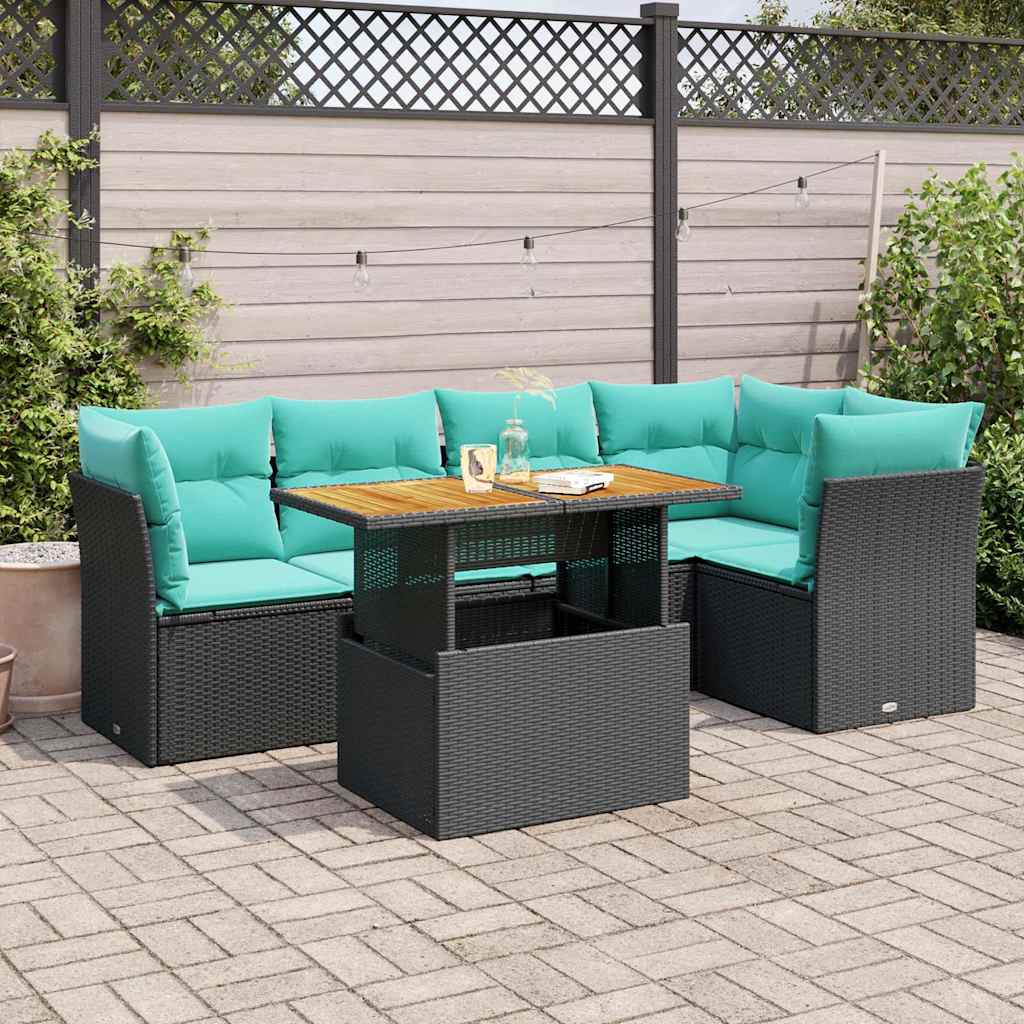 Salon de jardin 6 pcs avec coussins noir résine tressée