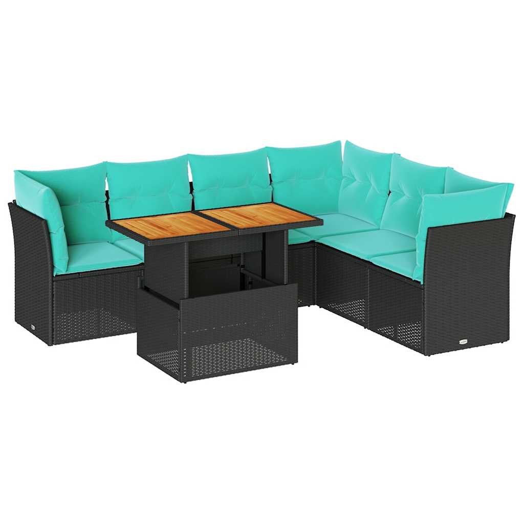 Salon de jardin 7 pcs avec coussins noir résine tressée