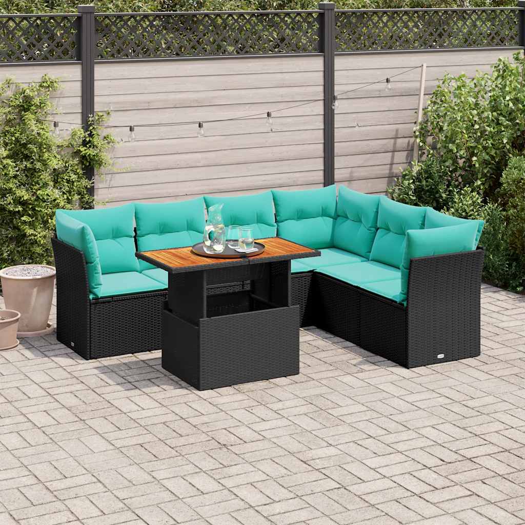 Salon de jardin 7 pcs avec coussins noir résine tressée