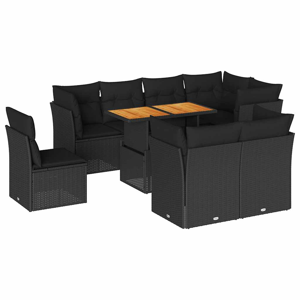 Salon de jardin 9 pcs avec coussins noir résine tressée