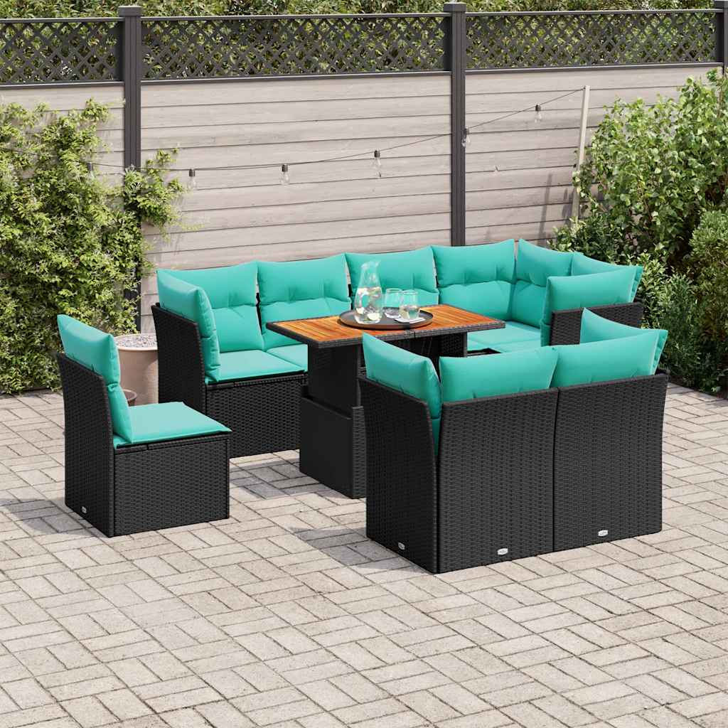 Salon de jardin 9 pcs avec coussins noir résine tressée