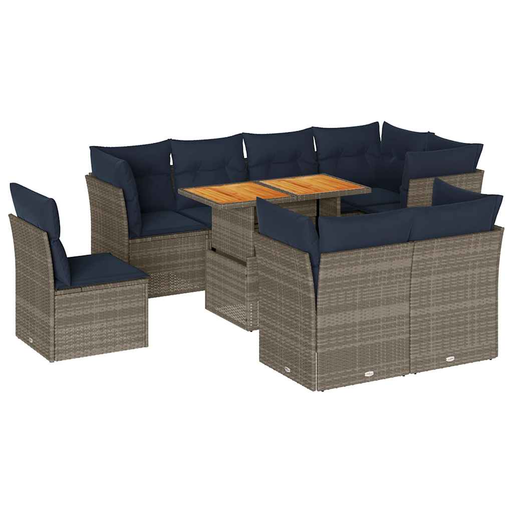 Salon de jardin 9 pcs avec coussins gris résine tressée