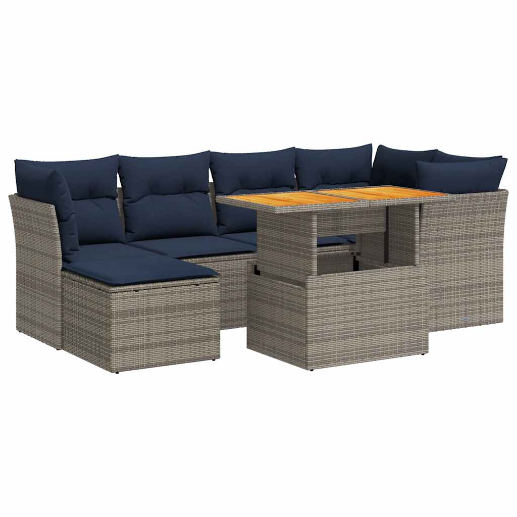 Salon de jardin avec coussins 7 pcs gris résine tressée