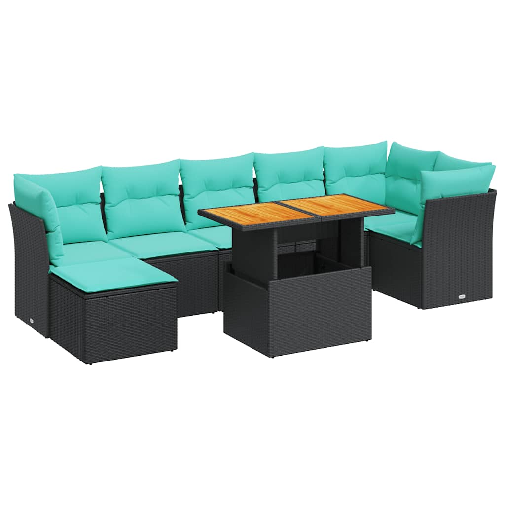 Salon de jardin 8 pcs avec coussins noir résine tressée