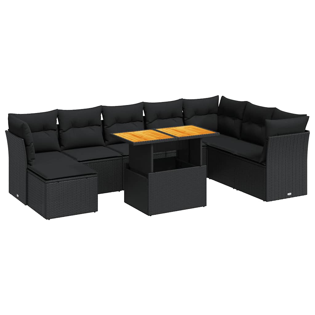 Salon de jardin 9 pcs avec coussins noir résine tressée