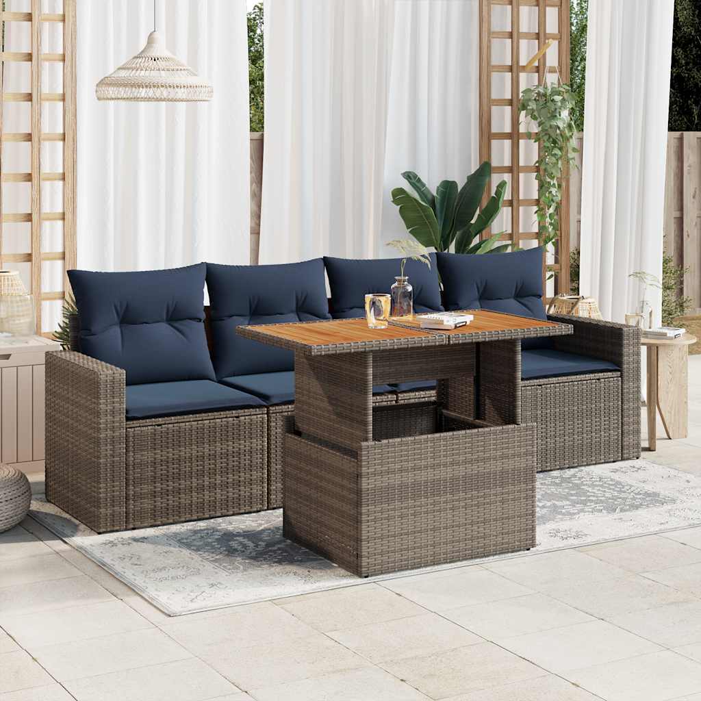 Salon de jardin 5 pcs avec coussins gris résine tressée